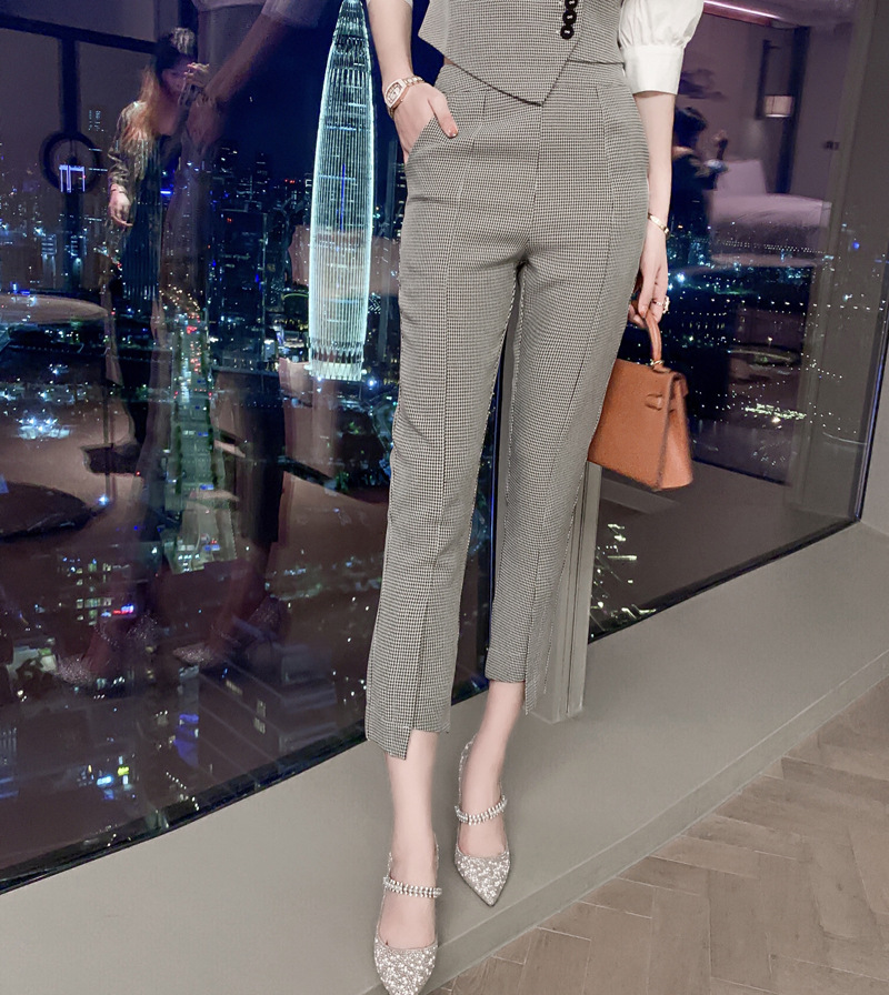 Bộ đồ houndstooth mùa hè nữ áo sơ mi phối quần ống nhỏ hai mảnh — Ca rô Houndstooth chi tiết 7