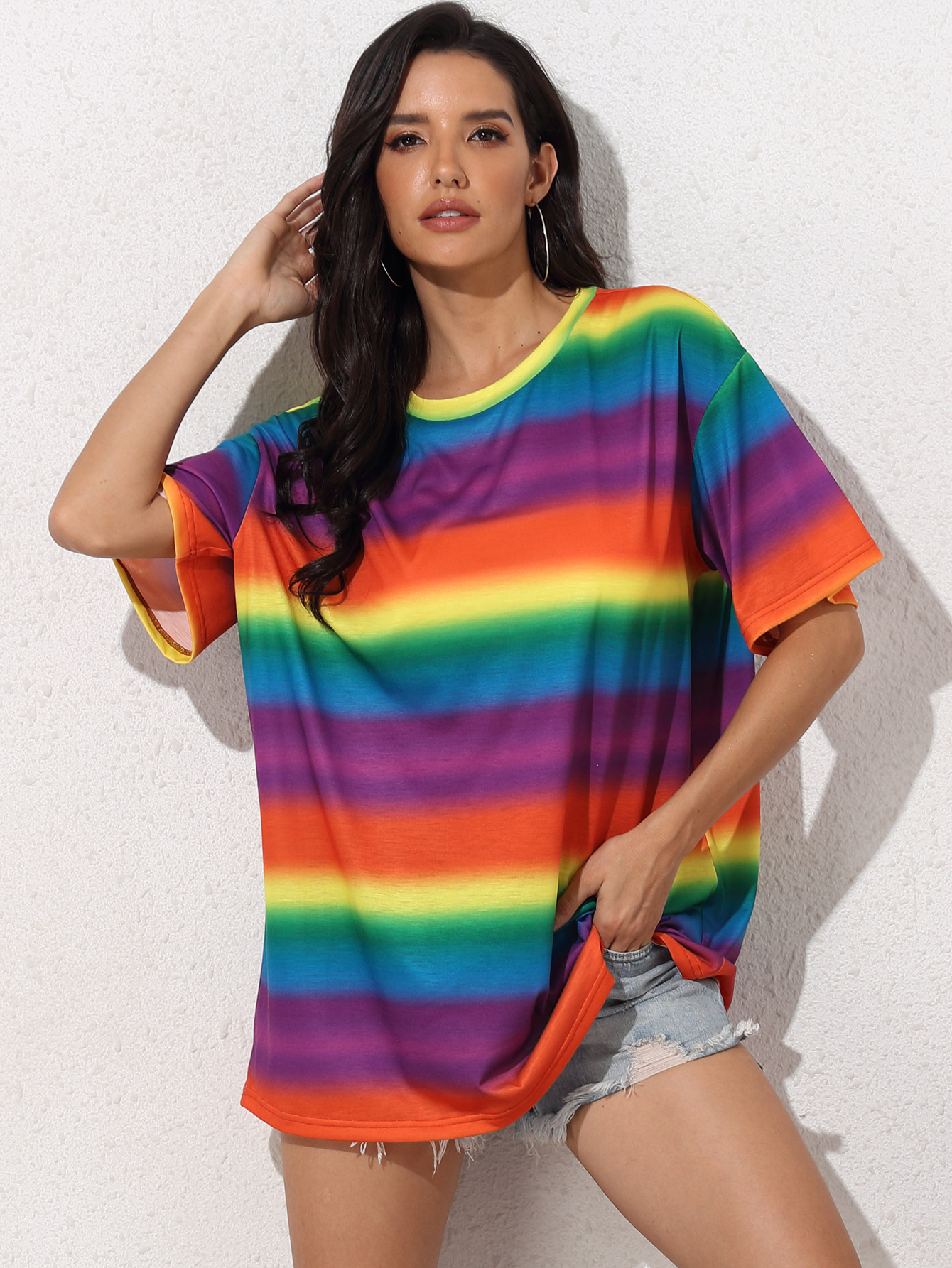 Rainbow stripe printing short-sleeved T-shirt NSGHY43729