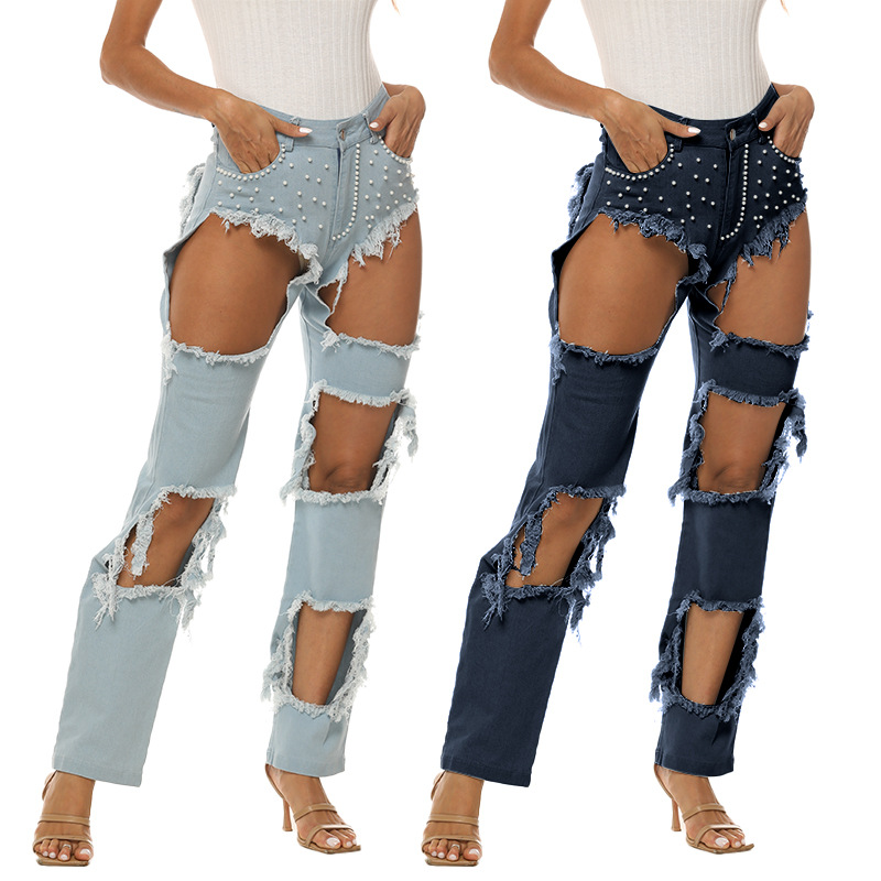 ripped hole bubble bead washed high waist jeans NSFH126784