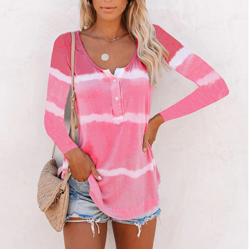 Tie-Dye Print Button Long-Sleeved Striped T-Shirt NSBTY62696