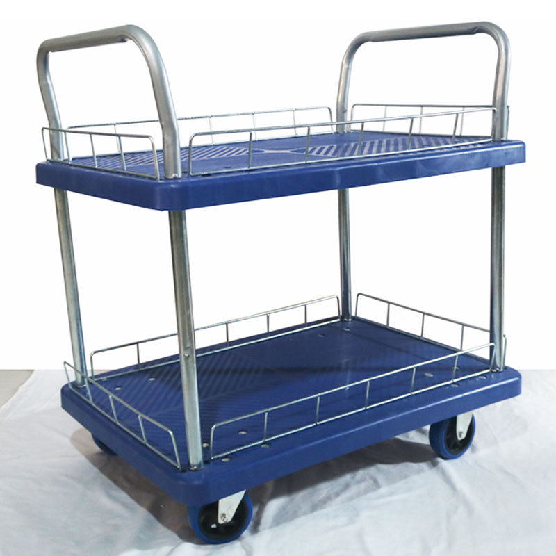 带护栏汽修工具车双层塑料平板车手推移动电商拣货车四轮万向轮