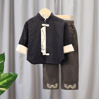 唐悠悠儿童汉服春秋长袖棉麻复古男宝宝套装学生民国风校服18213|ru
