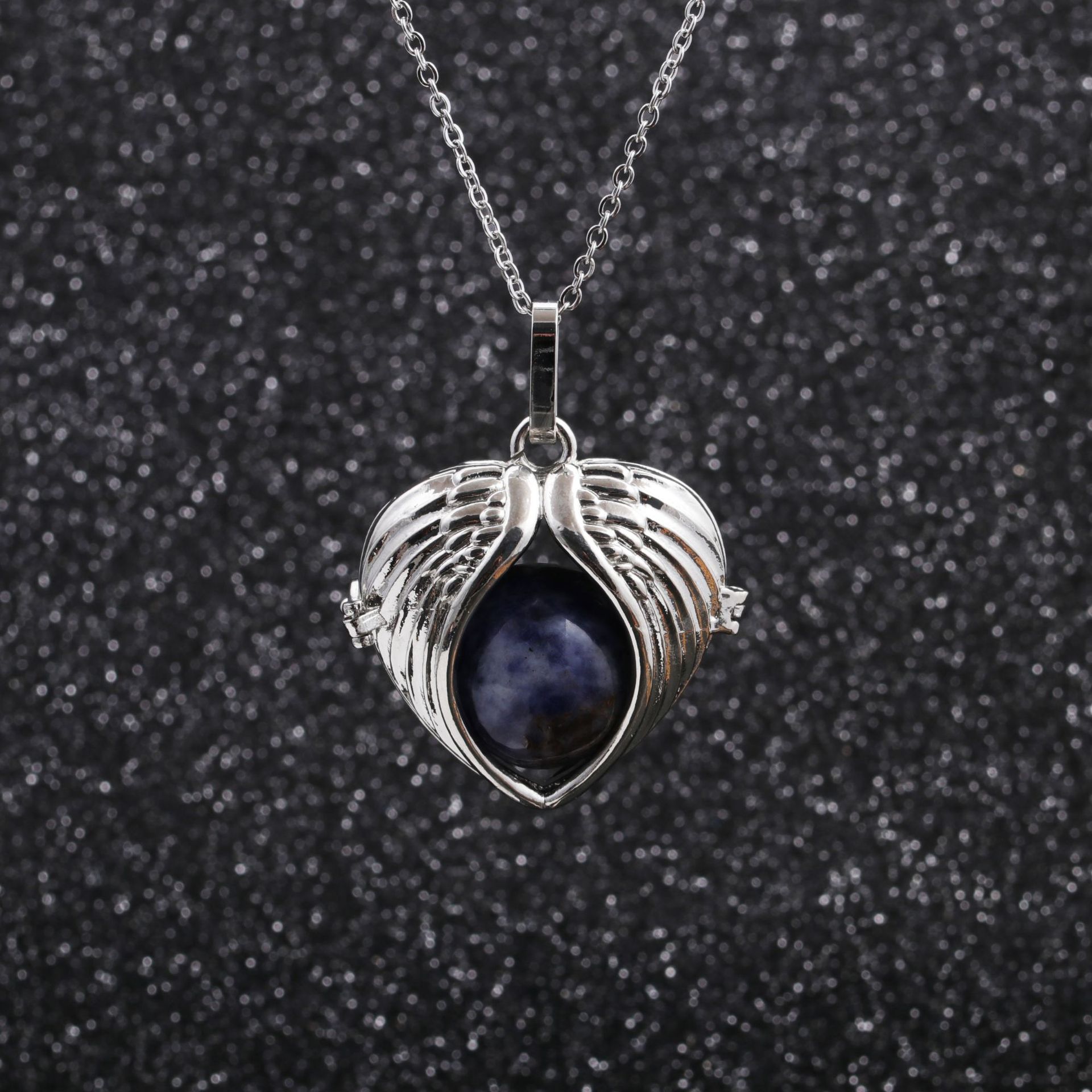 sweater chain stainless steel angel wings round bead pendant necklace