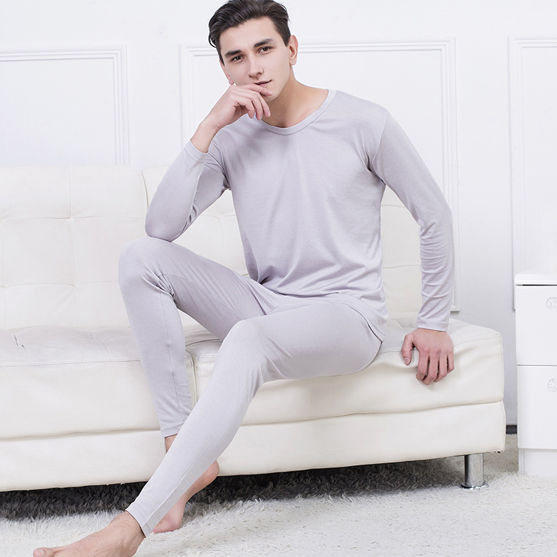 New Silk Cotton Men's Round Neck Underwear Set Mulberry Silk Cotton Pants Pajamas Warm Suit Autumn Clothes