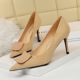 272-11 Korean slim high heeled women's shoes slim suede shallow pointed point solid color square button high heel single shoes