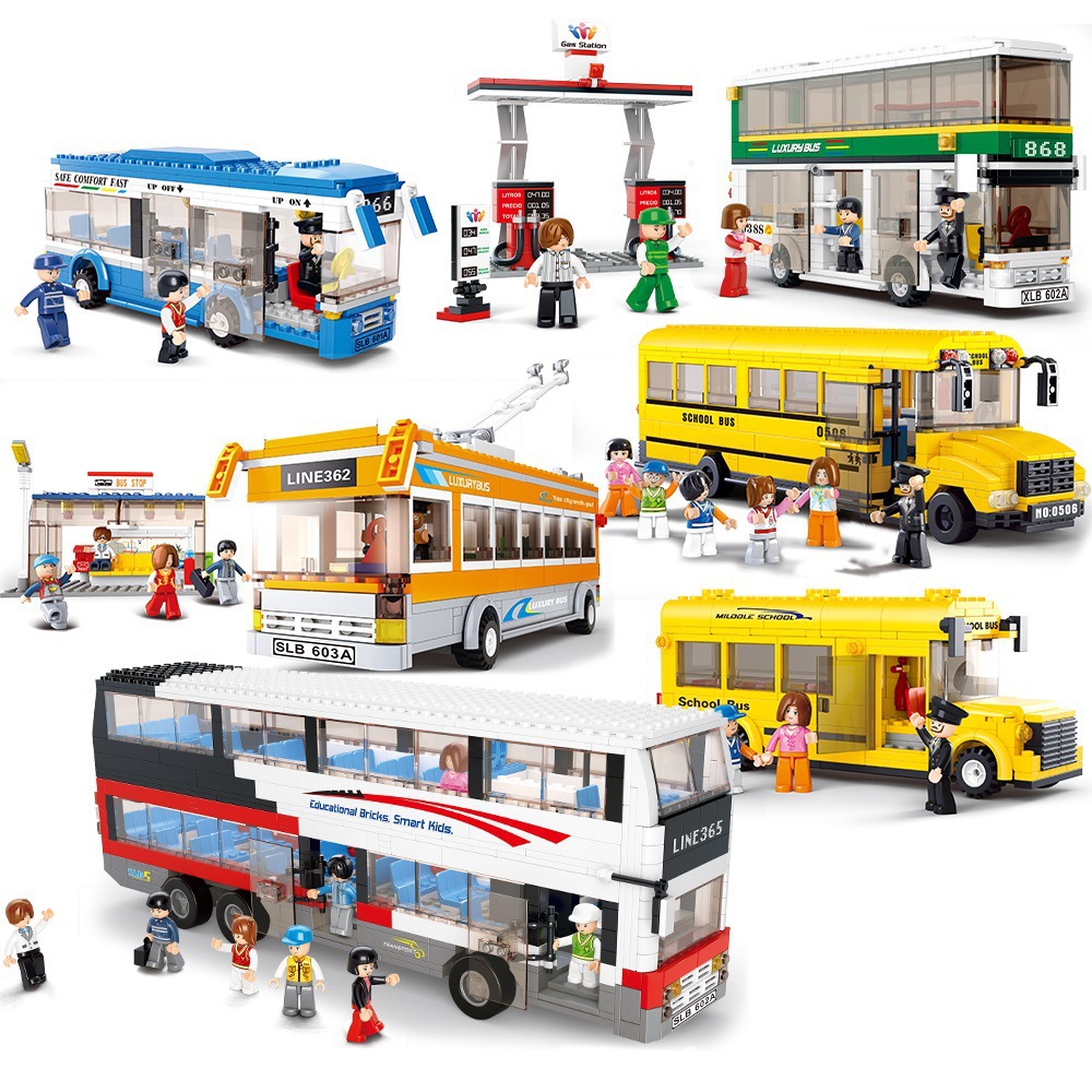 小鲁班0330-9.706公交巴士校车货车模型拼装益智男孩积木儿童玩具