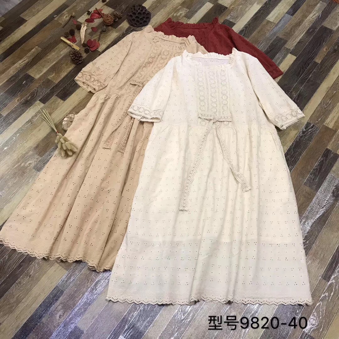 森系长裙 花边领钩花拼接蝴蝶结刺绣镂空双层棉布连衣裙3033