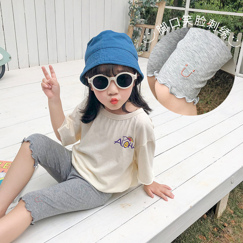 3016#夏季新款木代尔螺纹女童修身五分裤 韩版笑脸刺绣薄款打底裤