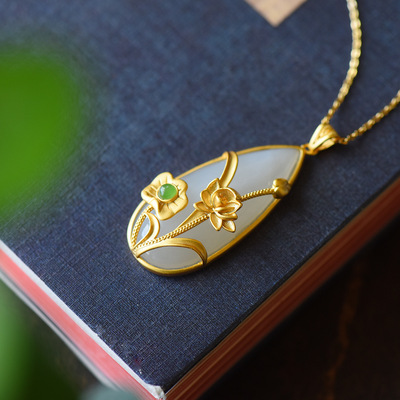 fashion Retro Nephrite  Pendant Gilt Lotus Lotus Concise atmosphere s925 Set Wada White jade Pendant