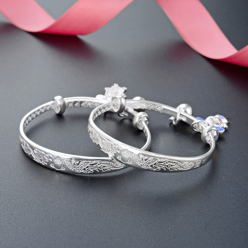 Pulsera de plata bebé S999 plata esterlina dragón y Phoenix plata pura pulsera de plata sólida niños y niñas un mes de edad regalo
