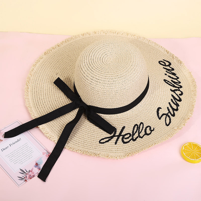 Fashion Wide-brimmed Outdoor Streamer Letter Printing Straw Sunscreen Hat display picture 4