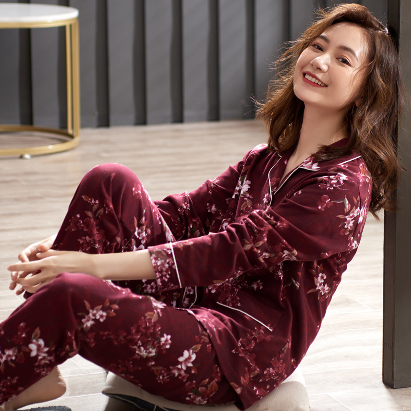 Pijamas otoño mujer primavera y otoño 100% algodón de manga larga algodón estilo coreano mamá de mediana edad Otoño e Invierno traje de uso doméstico de mujer