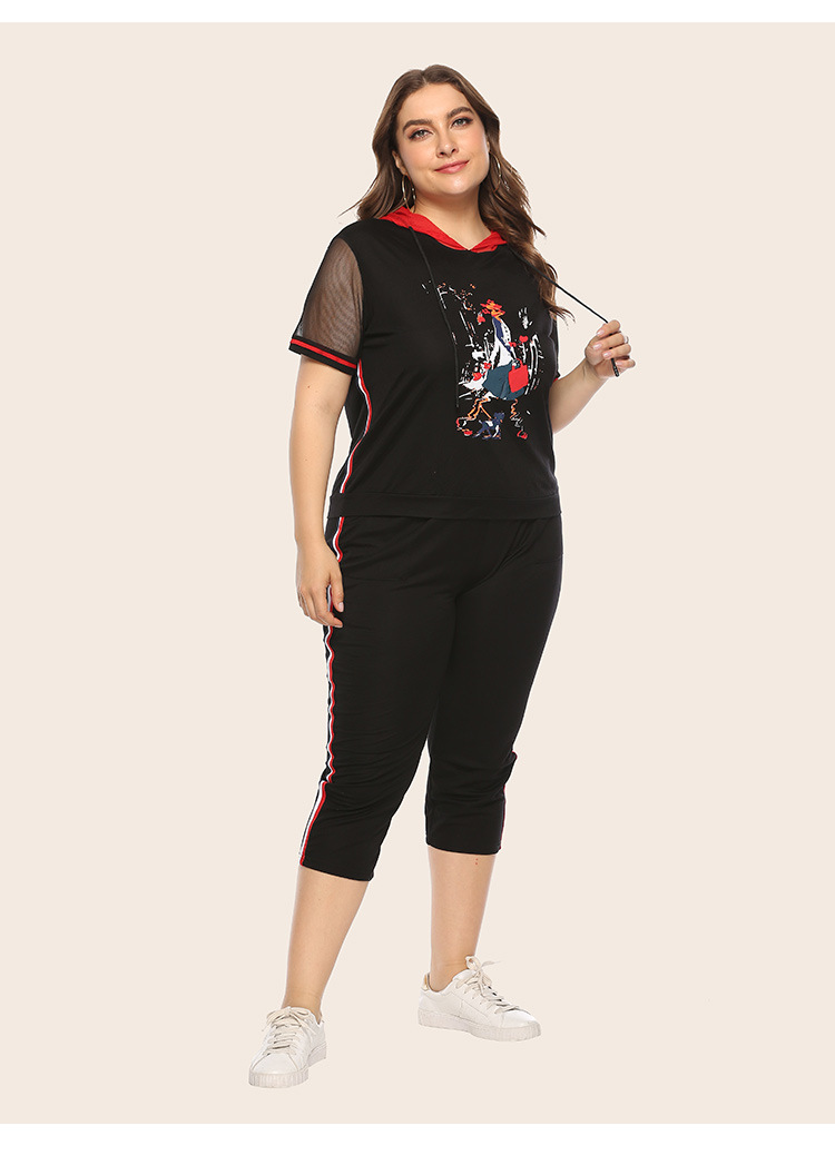 Plus size summer fashion hooded printed casual sports two-piece suit NSJR23560