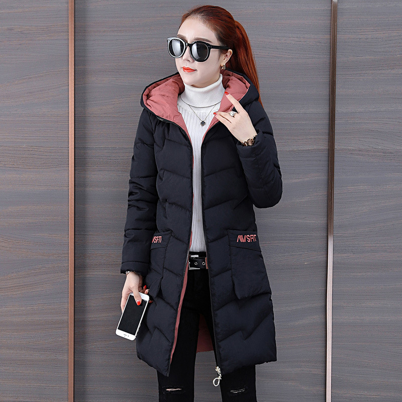 Autumn and winter double-sided down cotton-padded jacket women's Korean fashion hooded cotton-padded jacket students long black cotton-padded jacket coat