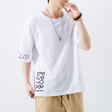 亞麻短袖t恤男學生韓版寬松大碼體恤圓領老鼠印花上衣男帥氣T恤