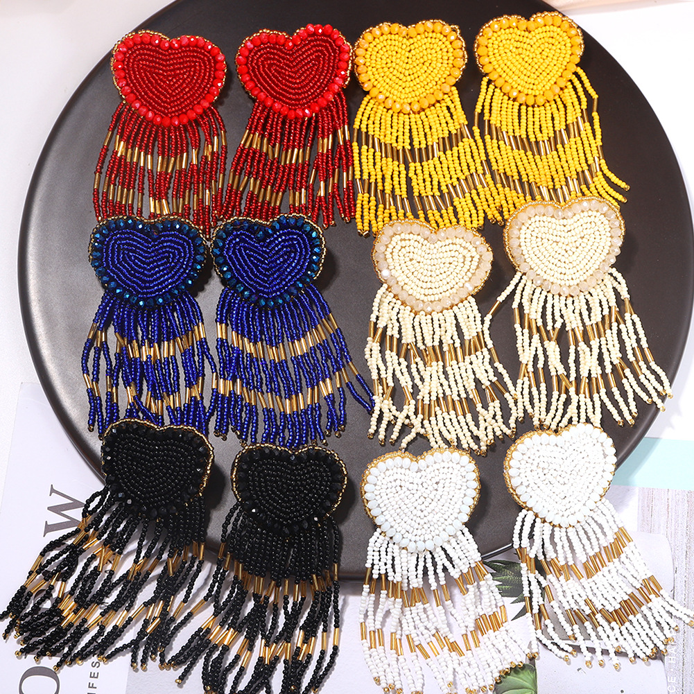 Fashion Retro Peach Heart Rice Beads Tassel Earrings display picture 2