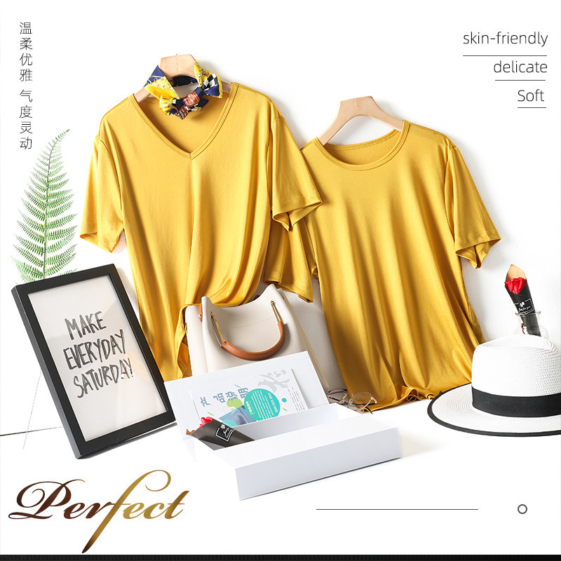 2025 Manufacturer Japanese Triacetate Knitted Gao End Fabric Basic Simple Round Neck/V Neck T-Shirt Women's Short-Sleeved T-Shirt