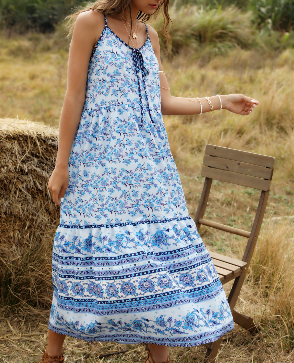 print loose V-neck stitching large swing suspender dress women's clothing NSDF1593