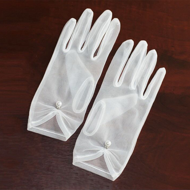 New Wedding Gloves Bridal Gloves Simple Short Pearl Mesh Perspective Full Finger Wedding Gloves 1034