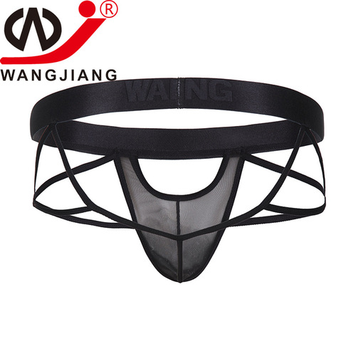 Foreign trade supply love underwear for men, European and American sexy single thong with hollow back, imitation leather mesh men's thong t-pants