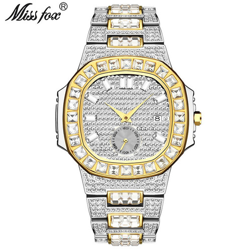 MISSFOX European and American fashion punk hip-hop diamond-filled men's watch gold waterproof calendar quartz watch trendy