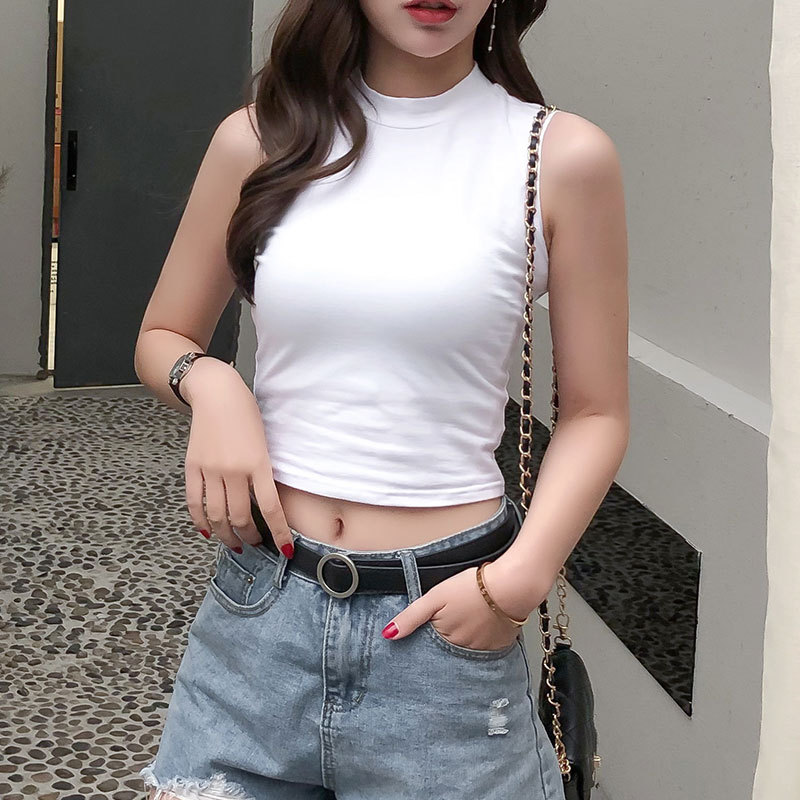 2023 여름 여성의 새로운 여성의 작은 하이 칼라 바닥 민소매 조끼 티셔츠 멜빵 102 세대