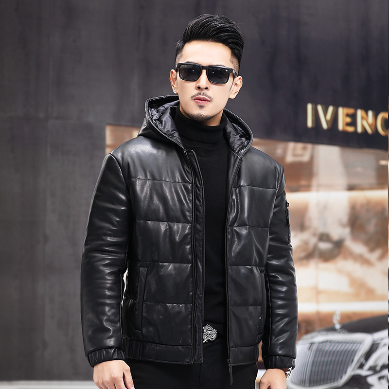 Winter New Haining Sheepskin Genuine Leather Men's Down Jacket Short Hooded Slim-fit Korean Leather Jacket Coat