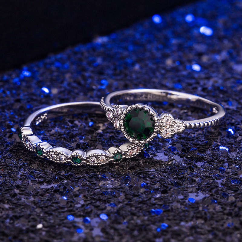 Europe and America twocolor double ring emerald zircon ring sapphire ringpicture3