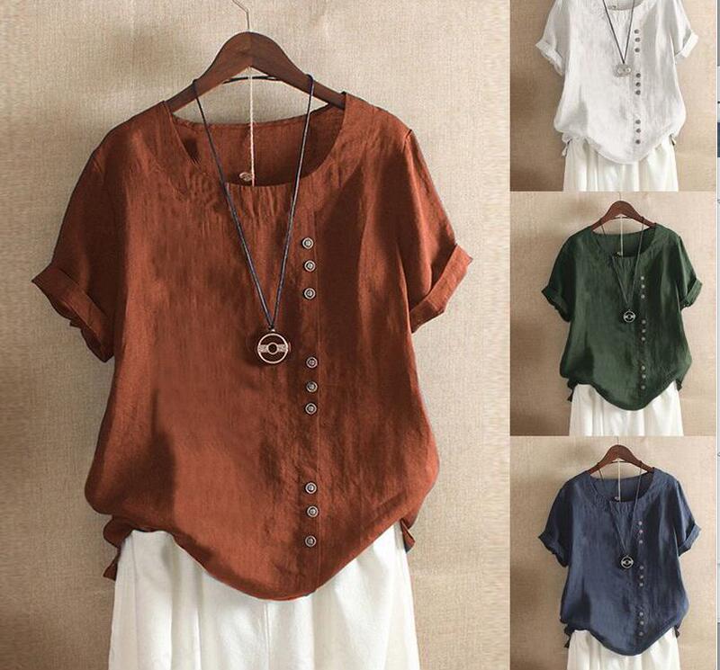 2025 Summer Retro Pure Color Top Large Size Casual Loose Button Cotton and Linen Short-Sleeved Pullover Round Neck T-Shirt for Women
