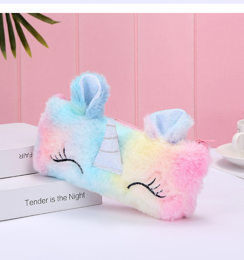 Korean version unicorn fleece pen case, colorful autumn and winter new fashion storage box, embroidered PU leather pen case wholesale detail image 14