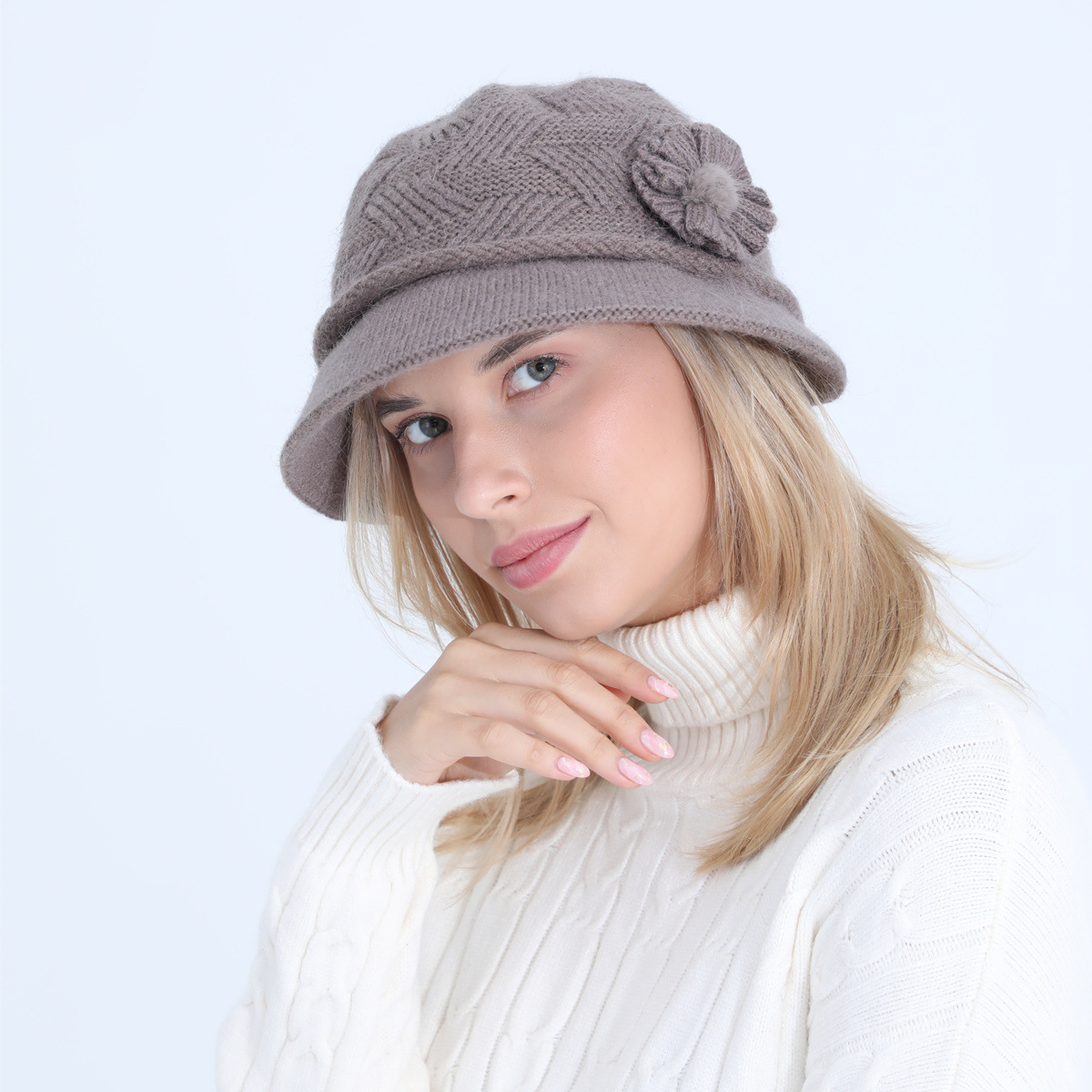 Gestrickte Damen Mütze Mit Kaninchenhaar Warm Für Den Winter_voghion.com