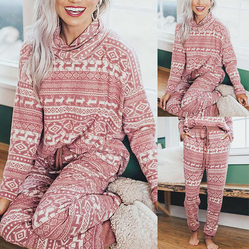 hot women's reindeer print long-sleeved loose casual Christmas home set NSKX5795