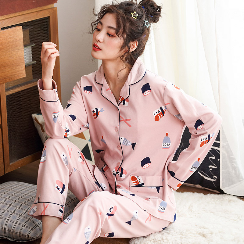 Cardigan de algodón para mujer Pijamas PRIMAVERA/otoño/invierno suelto 100% algodón de dibujos animados desgaste del hogar ocio traje de dos piezas