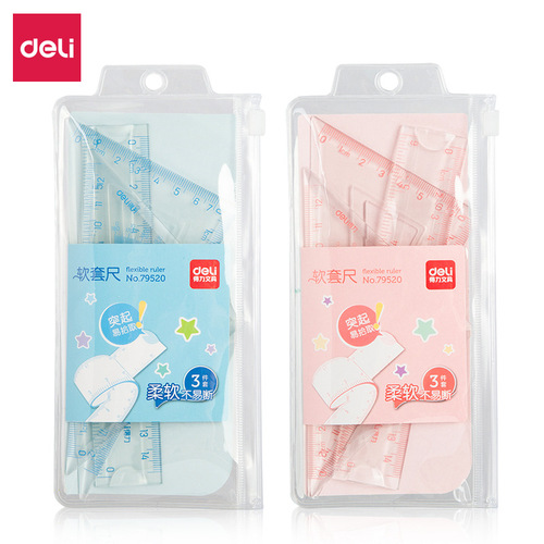 Deli 79520 15cm transparent soft ruler cartoon set ruler plastic triangle ruler protractor stationery set