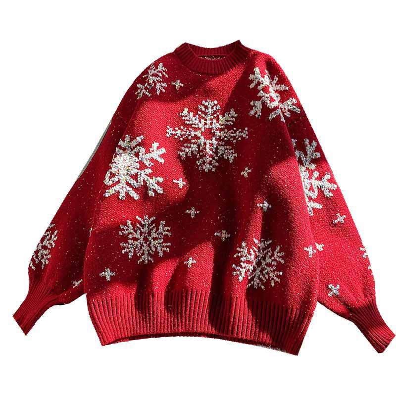 Women's Clothing Red Christmas loose sweater pullover female lazy style_voghion.com