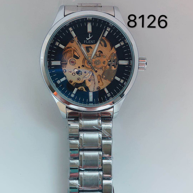 Nueva moda FLENT reloj mecánico de los hombres correa de acero reloj mecánico automático de negocios Flying Wave 8126