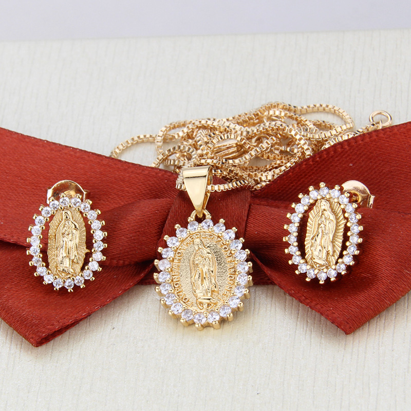 simple inlaid zirconium oval Virgin necklace earrings set