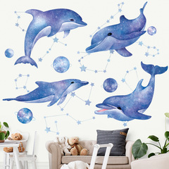 Wall stickers cute dolphins and whales classroom layout stickers starry sky fantasy wall decoration painting chessboard blue star