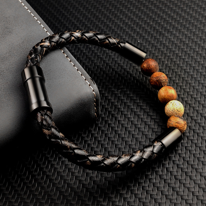 6mm vintage black woven mirror glossy leather men's bracelet stainless steel shiny gold beads charm bracelet jewelry