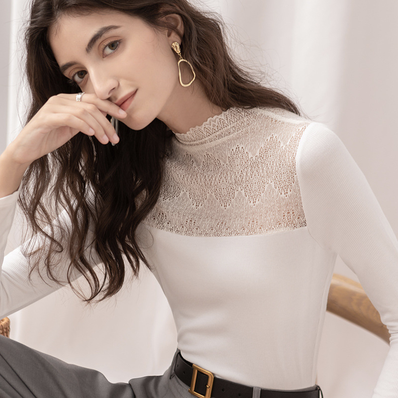 CANVAUS nueva Mitad de cuello alto costura blanco solo desgaste manga larga encaje bottoming camisa camiseta de las mujeres de moda superior