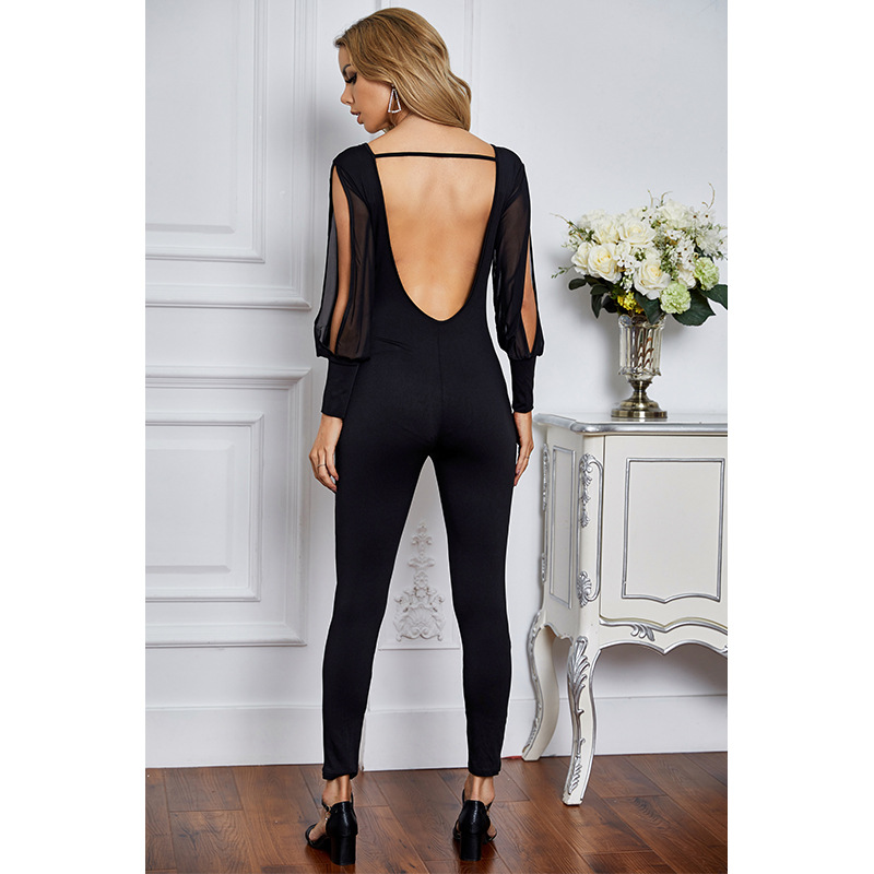 long-sleeved round neck open back jumpsuit NSSA25992