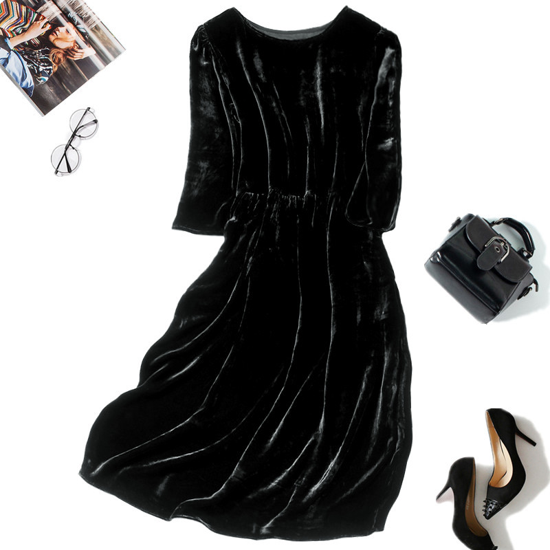 2020秋季新款桑蚕简约黑色双口袋一字领宽松打底真丝丝绒连衣裙