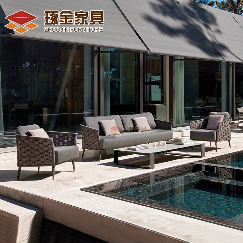 簡約戶外繩編沙發組合酒店露台沙發茶几休閒雙人沙發藤編家具