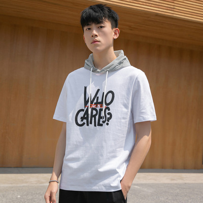 2022年夏季新款短袖t恤男装衣服青少年t血纯棉撞色连帽潮牌半袖衫