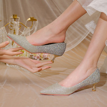 媚爱礼服鞋 金色婚鞋平时可穿水晶鞋中跟亮片伴娘鞋结婚新娘鞋