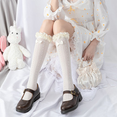 Lace vertical strips beautiful bow ribbon pleated lace edge net stockings Lolita Lolita crew socks ankle socks for women