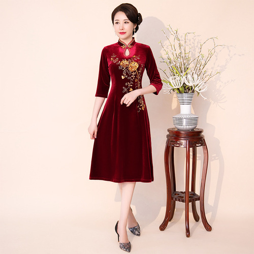 Cheongsam dress retro velvet cheongsam long hand nail bead a dress