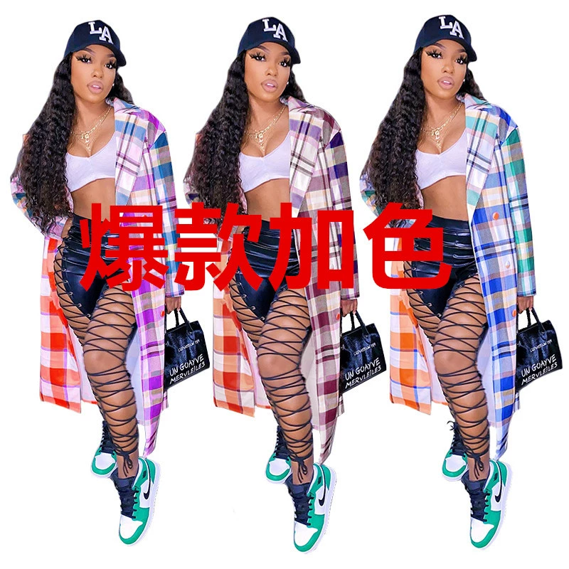 G8031 Европейское и американское женское осеннее Новое модное повседневное цветное длинное пальто в клетку с вышивкой, длинная рубашка