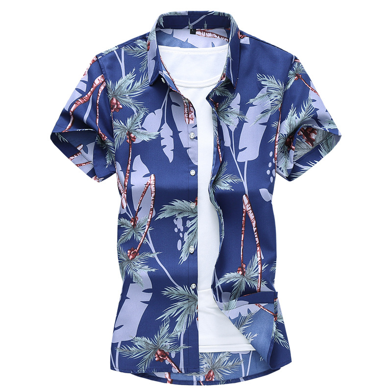 Summer new men's oversized slim fit short sleeve printed shirt thin casual men's shirt Beach Flower inch shirt