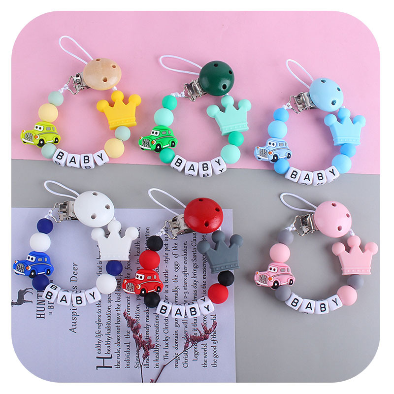 Letra de plástico Hemu chupete clip bebé calmante silicona coche chupete cadena corona mordedor